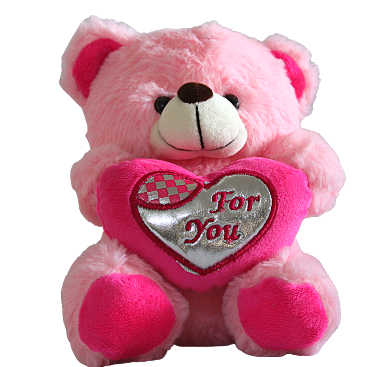 a pink teddy bear holding a heart