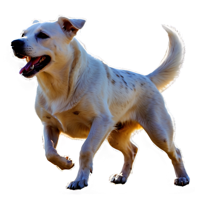 a white dog running with its tongue out