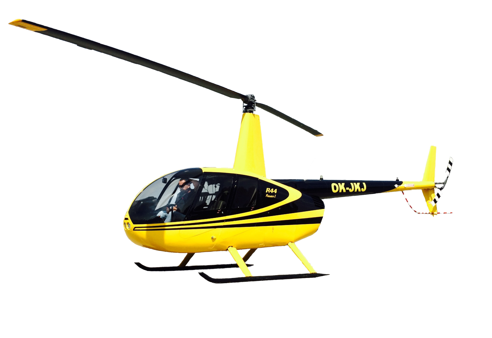 a yellow and black helicopter flying in the sky
