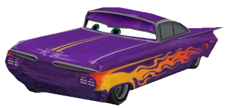 a purple car with flames on it