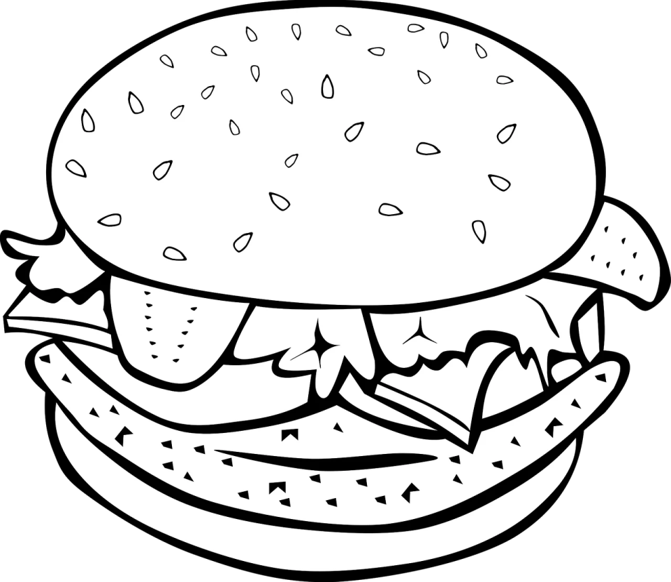 a black and white drawing of a hamburger