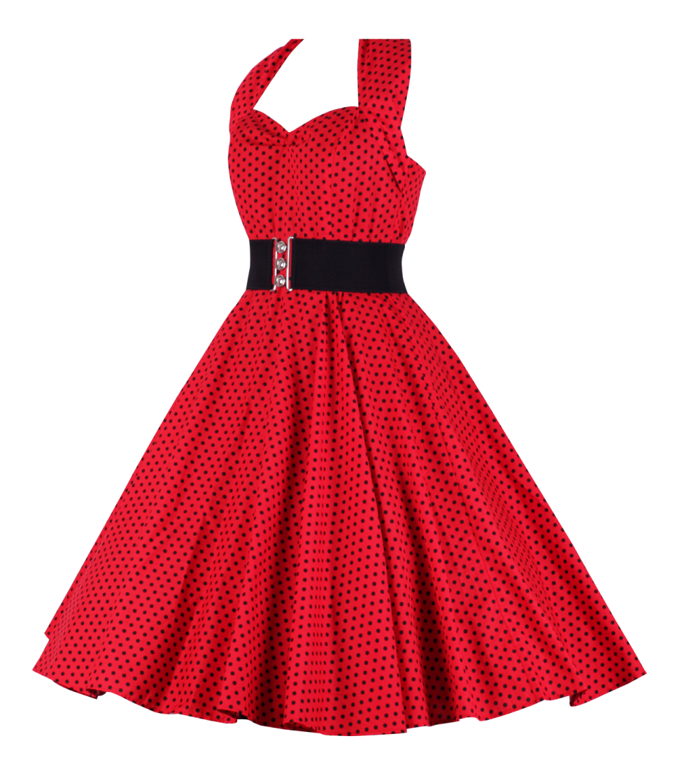 a red dress with black polka dots on it