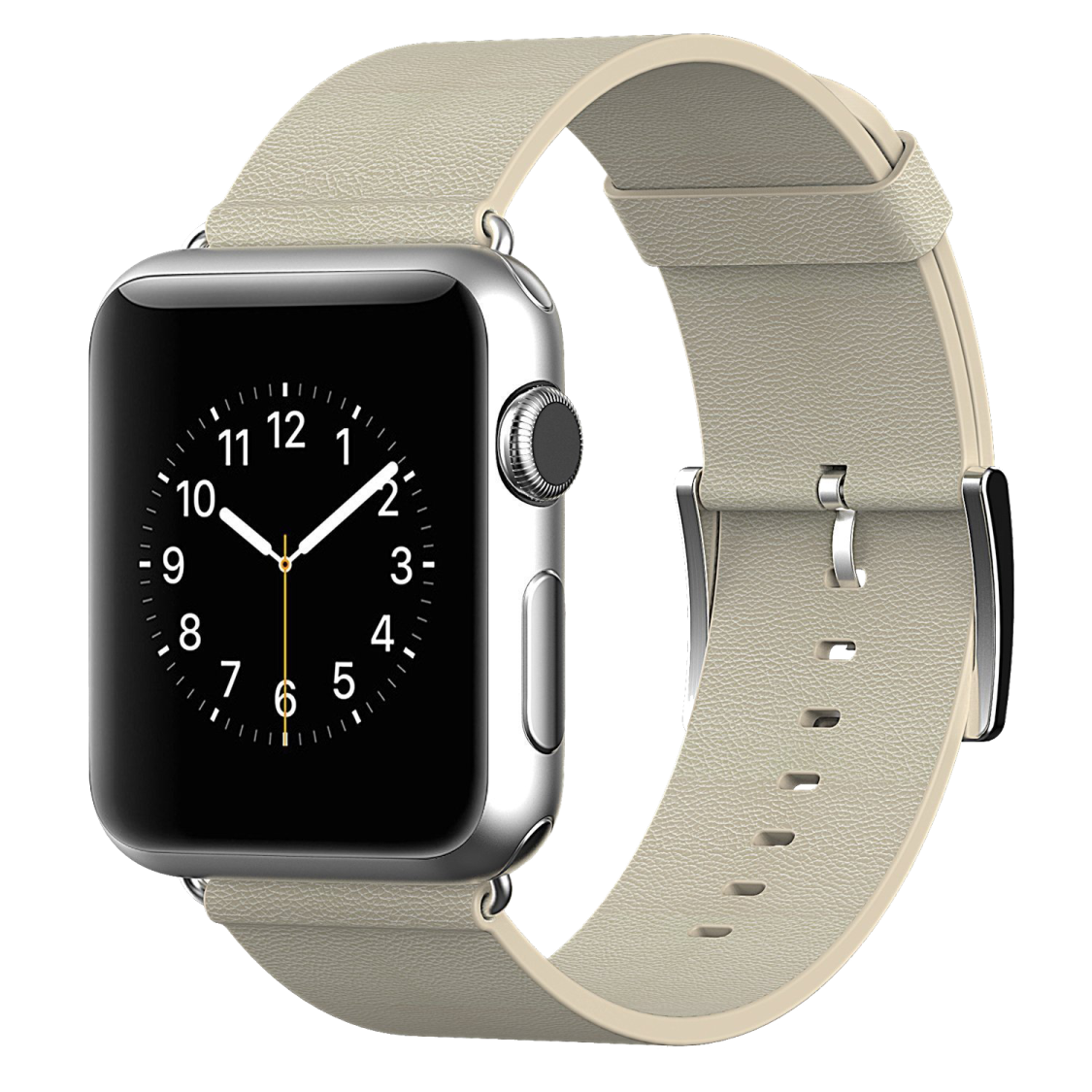 an apple watch with a beige leather band