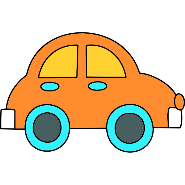 an orange car with blue wheels