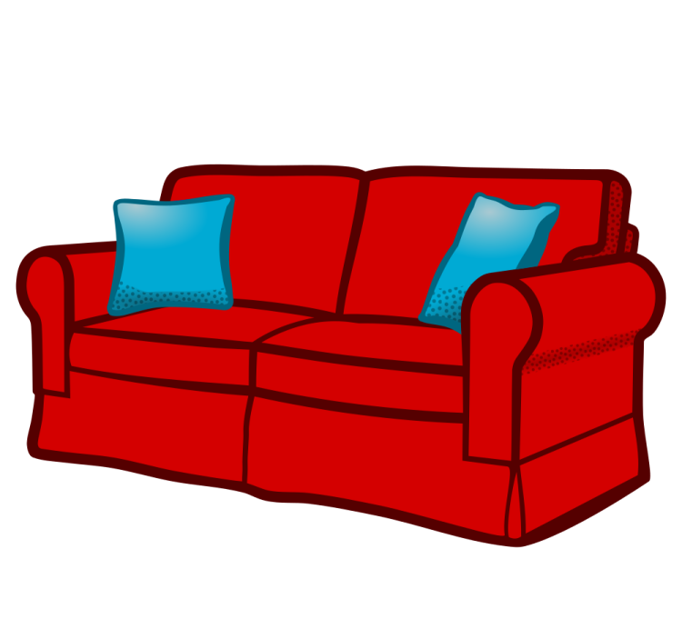 a red couch with blue pillows