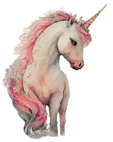 a watercolor painting of a unicorn with pink hair