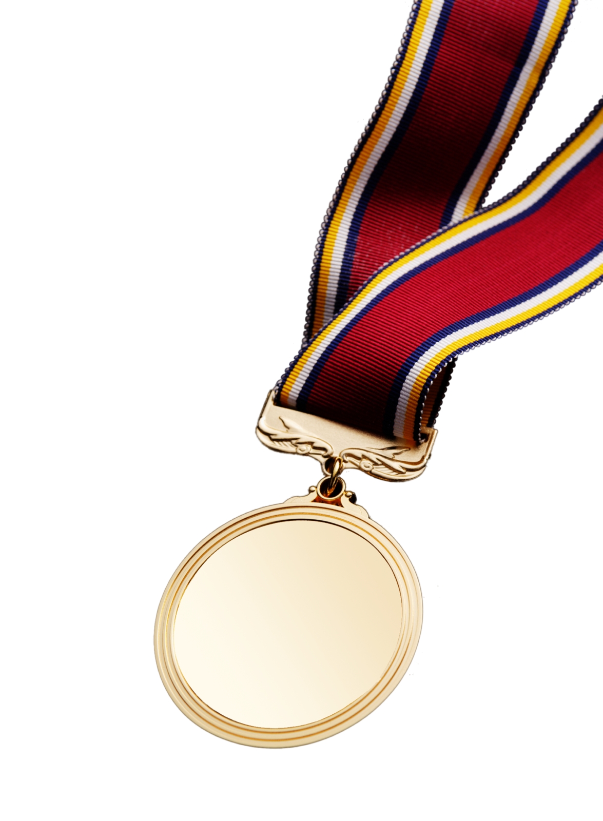a gold medal with a red, white and blue ribbon