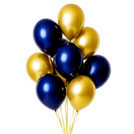 a bunch of blue and gold balloons