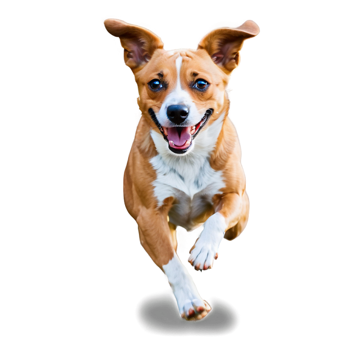 a brown and white dog running on a white background