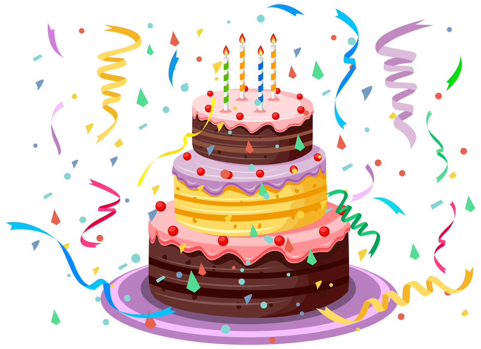 a birthday cake with candles and streamers