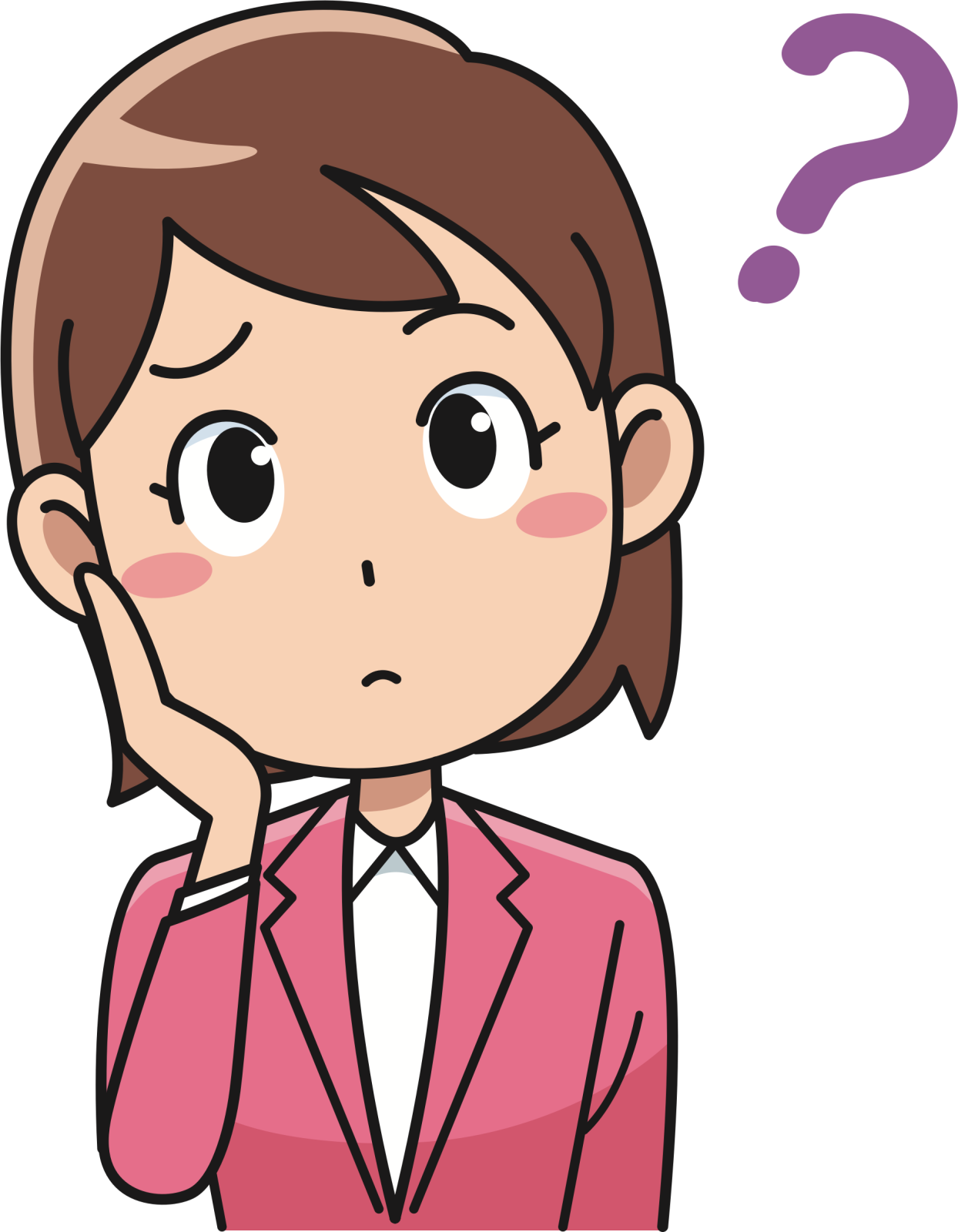 a woman in a pink suit with a question mark