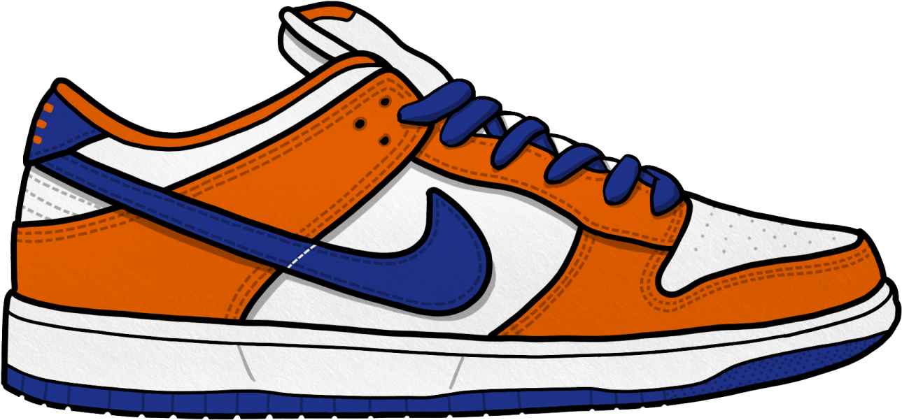 an orange and white shoe with blue accents
