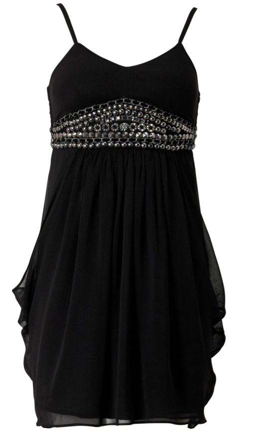 a black dress with silver beads on it