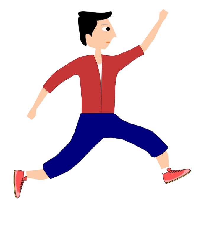 a man in red shirt and blue pants is jumping