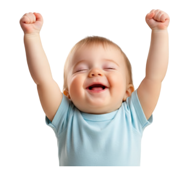 a baby with his arms up in the air