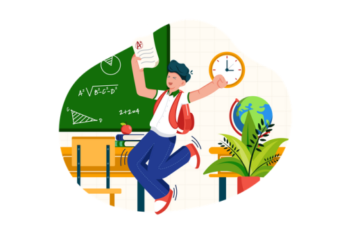 an illustration of a person sitting at a desk with a clock in the background