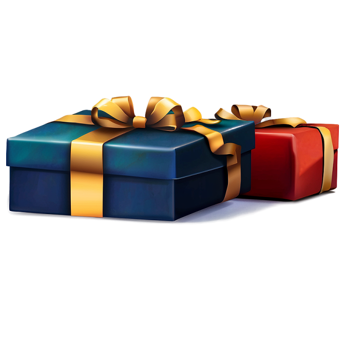 two blue and red gift boxes with gold ribbons