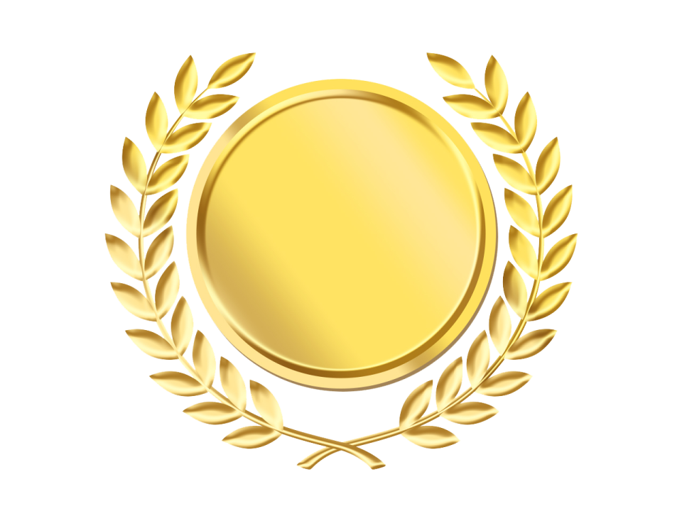 a gold medal with leaves around it