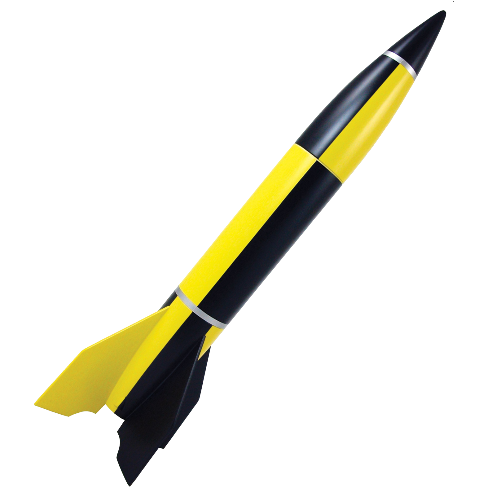 a yellow and black rocket on a white background