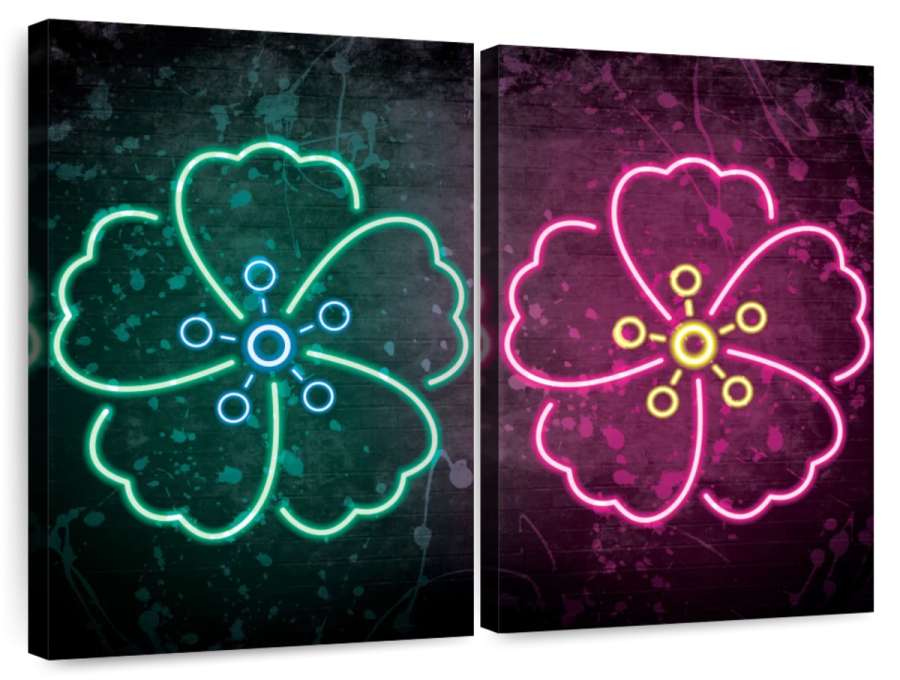 two neon flowers on a black background