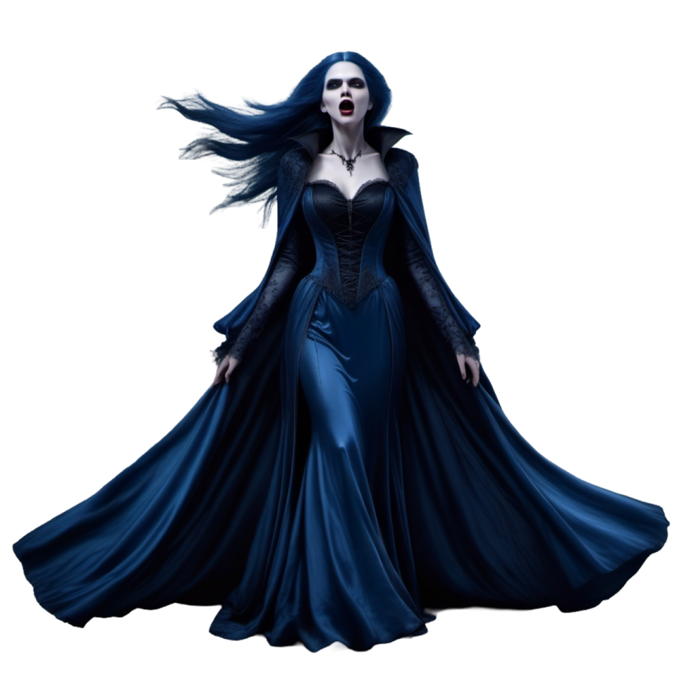 a woman in a blue dress with long black hair