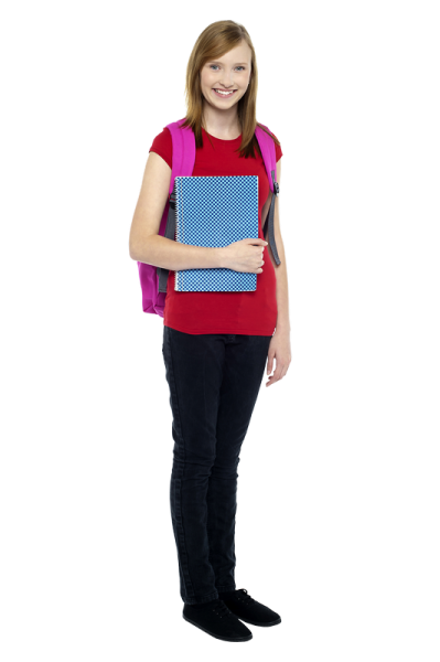 a young girl in a red shirt holding a blue notebook