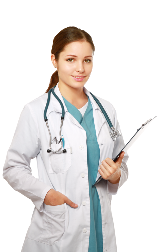 a female doctor holding a clipboard
