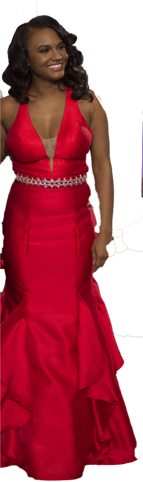 a woman in a red dress is posing for the camera