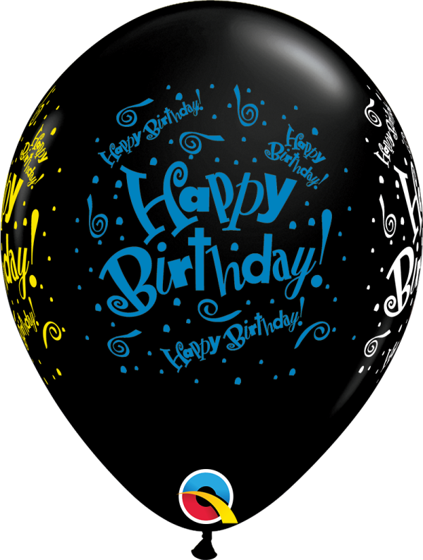 a black balloon with the words happy birthday on it