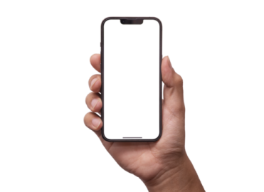 a hand holding an iphone with a blank screen
