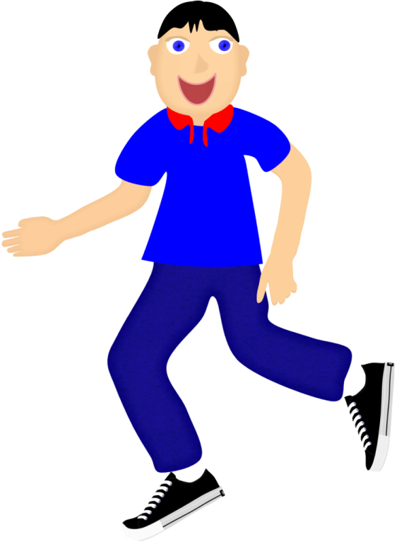 a cartoon boy wearing a blue shirt and black pants