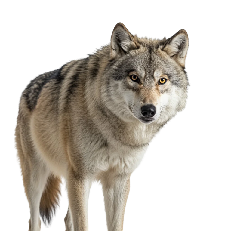 a gray wolf standing in front of a white background