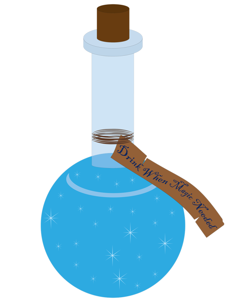 a blue glass flask with a wooden sticker on top