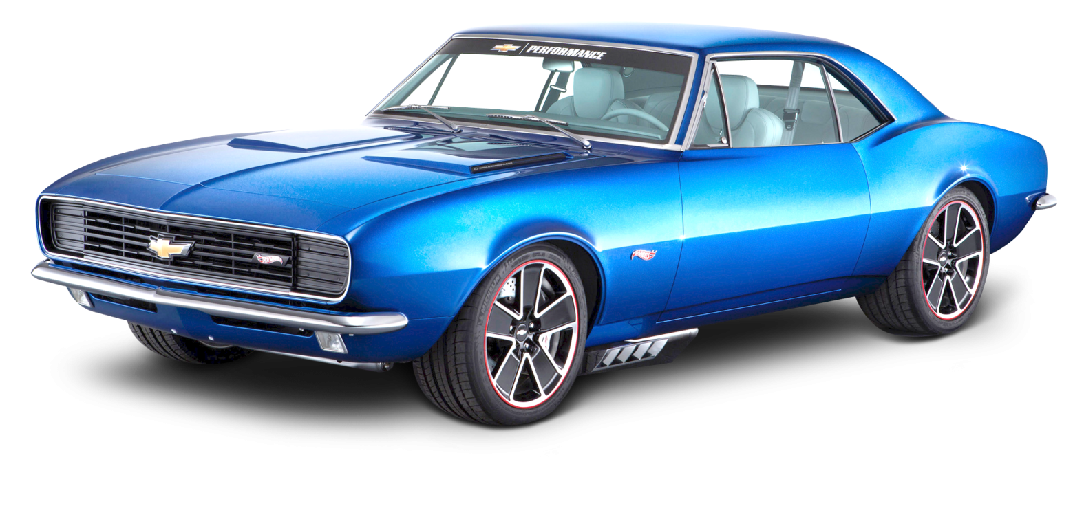 a blue muscle car on a white background