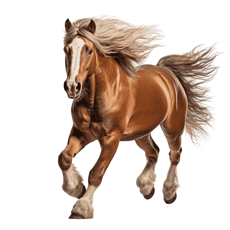a brown and white horse running on a white background