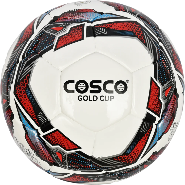 a soccer ball with red and blue designs on it