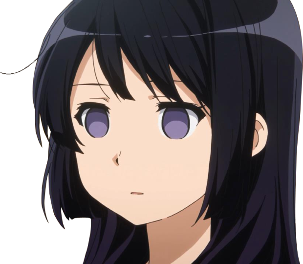 an anime girl with long black hair and purple eyes