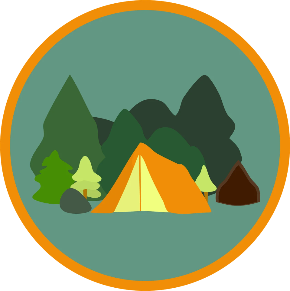 a tent with trees and mountains in the background