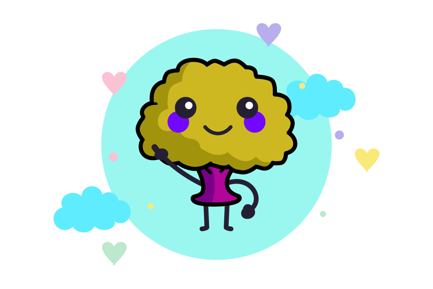 a cartoon tree with hearts around it