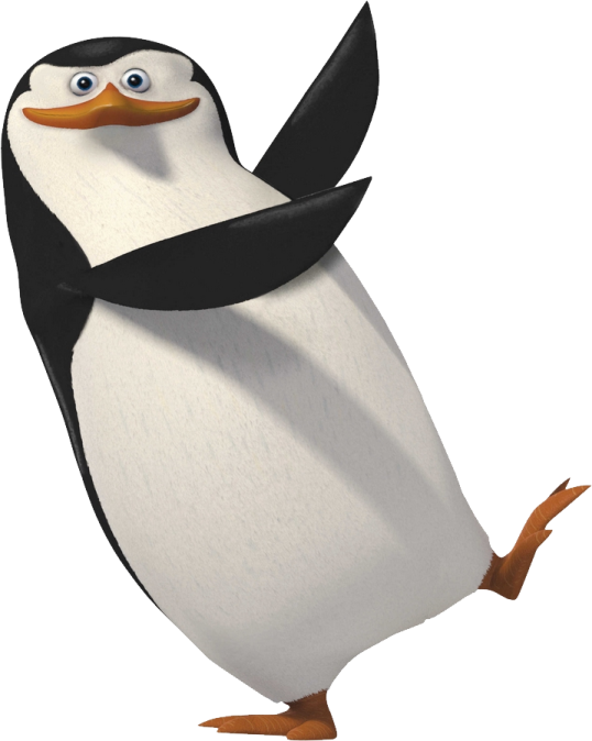 a cartoon penguin in a black and white outfit