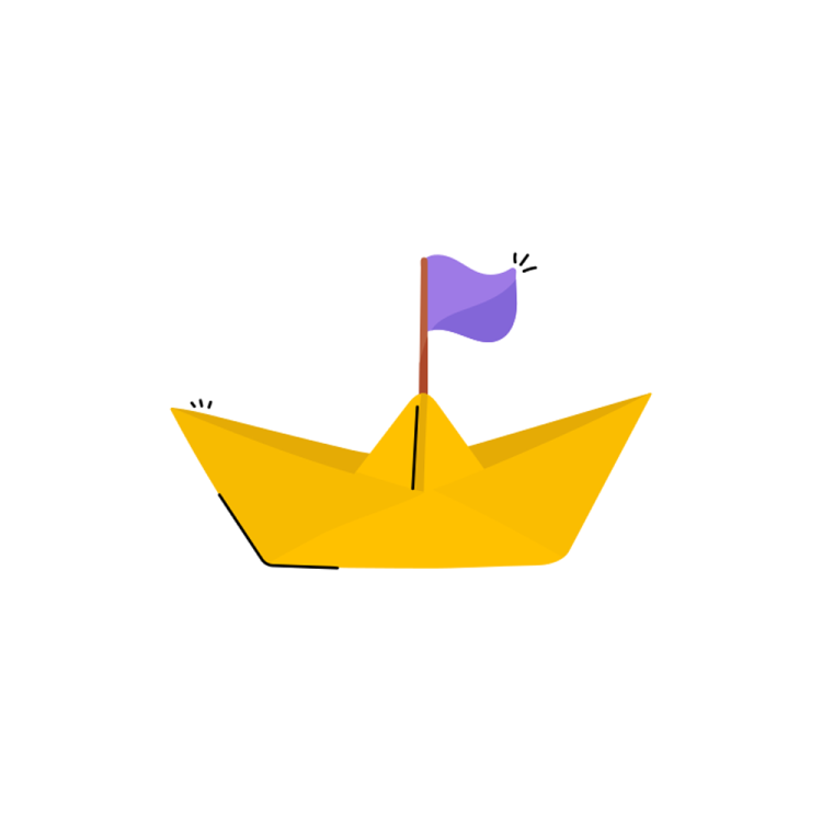 a paper boat with a purple flag on top