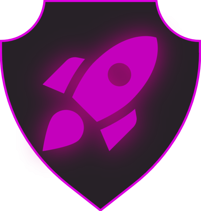 a purple shield with a rocket on it