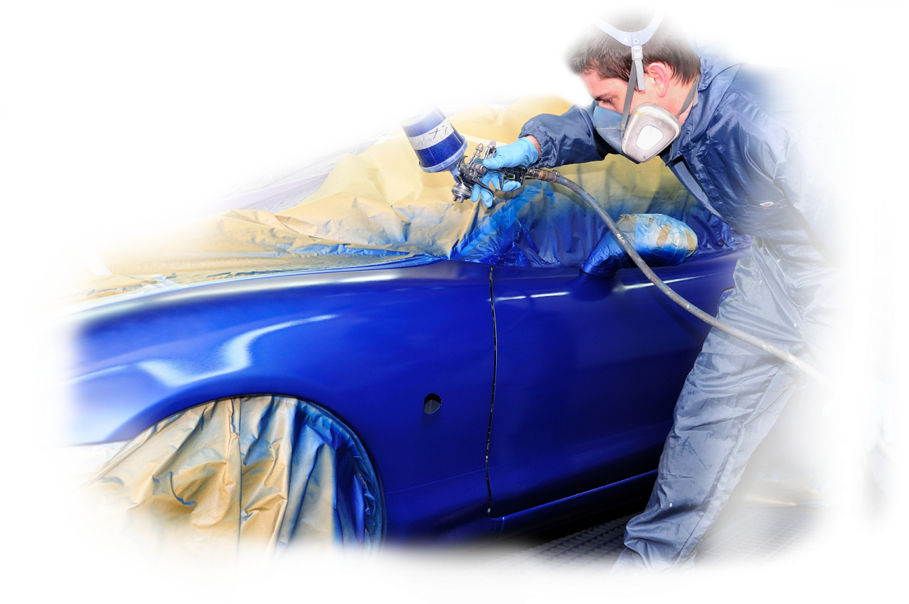 a man painting a blue car