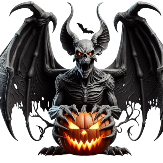 a black demon sitting on top of a pumpkin