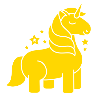 a yellow unicorn with stars on its head