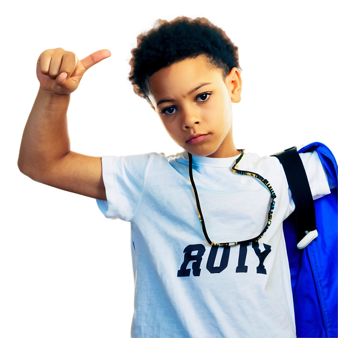 a young boy with a backpack pointing at the camera