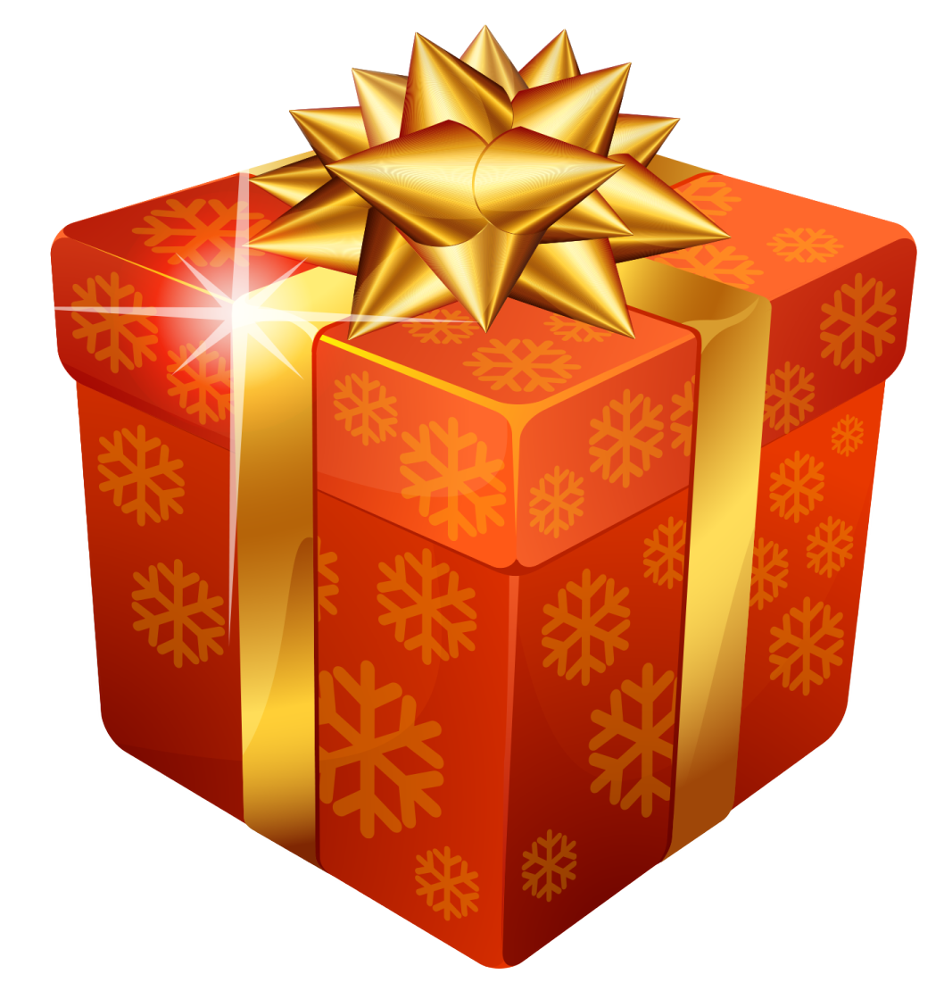 a red gift box with gold bows and snowflakes