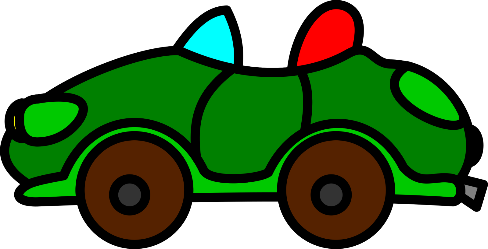 a green toy car with red and blue wheels