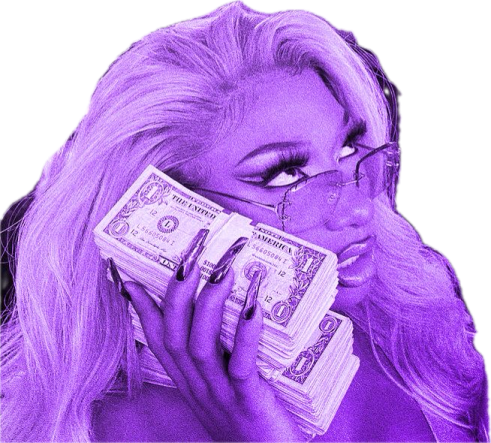 a woman holding money in front of her face
