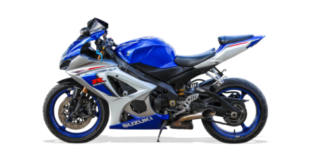 a blue and white motorcycle on a white background